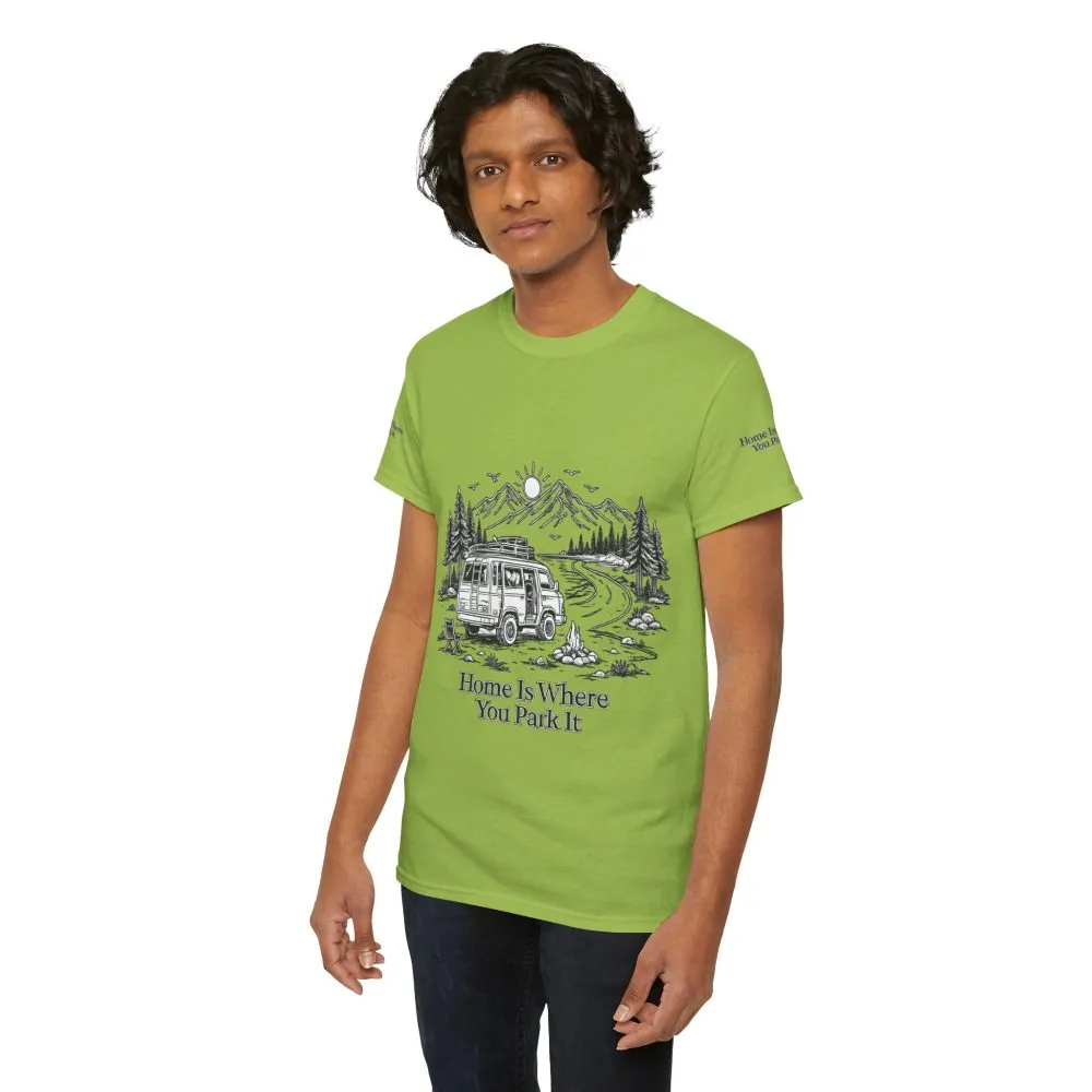 Unisex Heavy Cotton Tee — "Home Is Where You Park It" Design Minimal-Line
