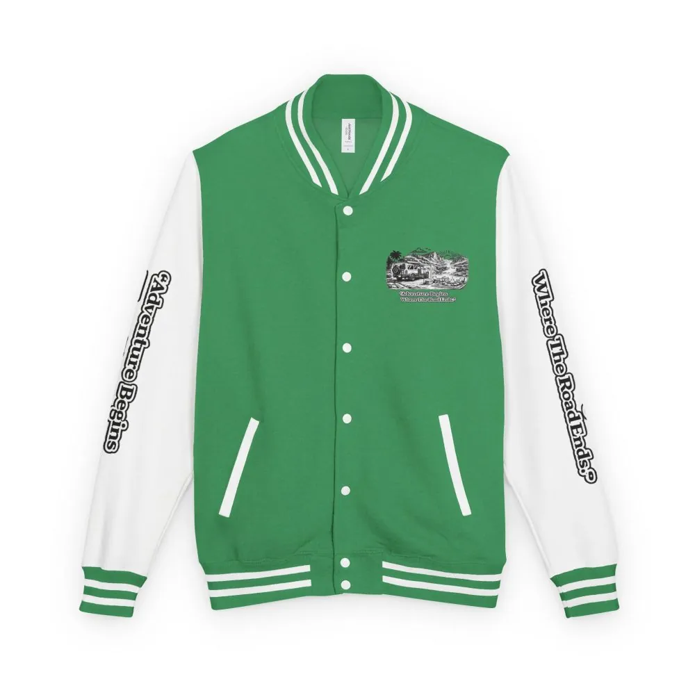 Unisex Heavyweight Letterman Jacket — "Adventure Begins Where The Road Ends" Travel Varsity Coat