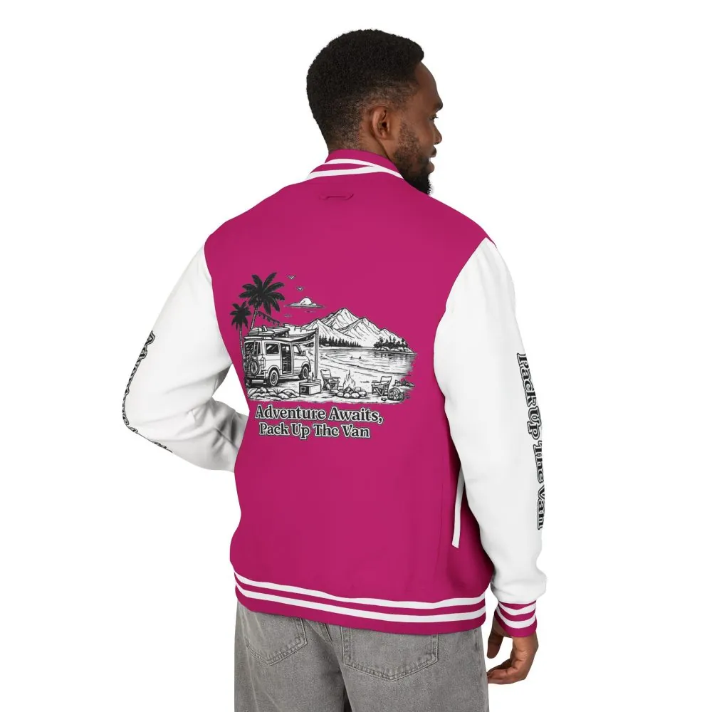 Unisex Heavyweight Letterman Jacket — "Adventure Awaits,Pack Up The Van" Travel Varsity Coat