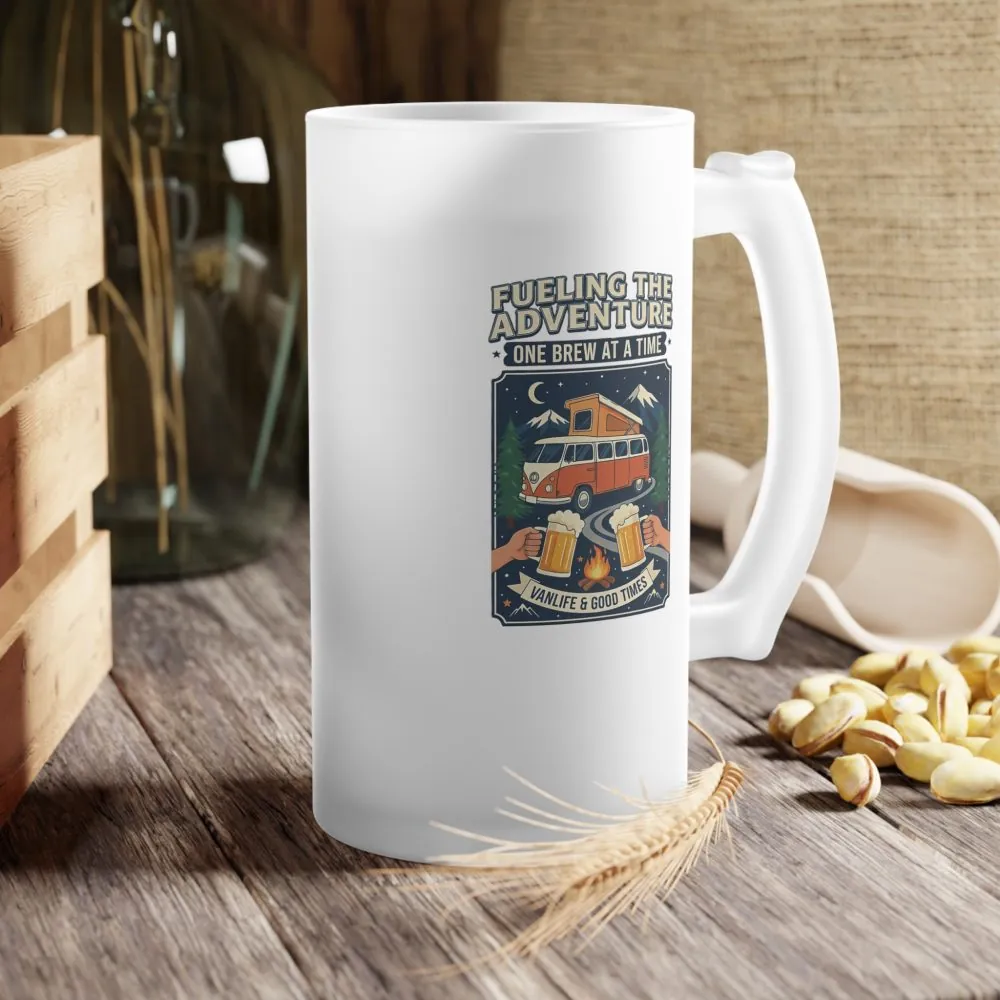 Frosted Glass Beer Mug — "Feuling the adventure" Retro Cabin Adventure Design