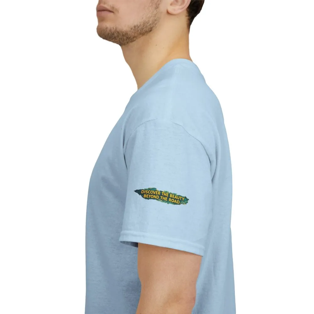 Unisex Heavy Cotton Tee — "Discover The Bieuty Beyond The Road" Design Cubic-Line