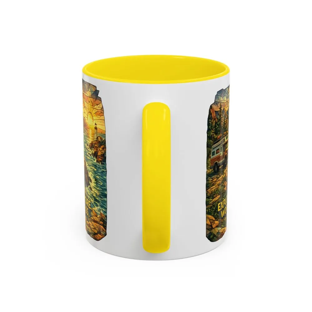 Accent Coffee Mug (11, 15oz) — "Explore More Worry Less" Design Cubic-Line