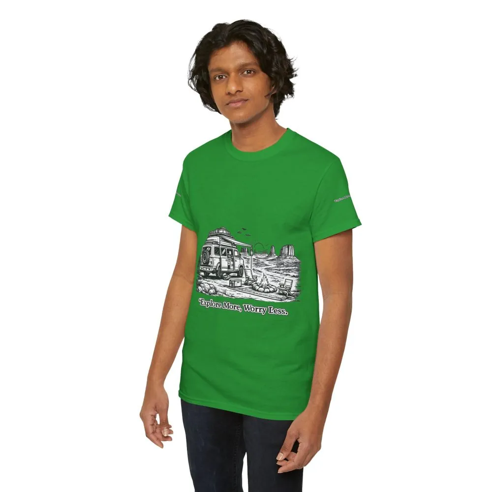 Unisex Heavy Cotton Tee — "Explore More Worry Less" Design Minimal-Line