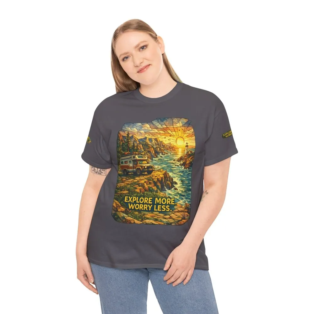 17609327527614897035_2048.jpeg Unisex Heavy Cotton Tee — "Explore More Worry Less" Design Cubic-Line