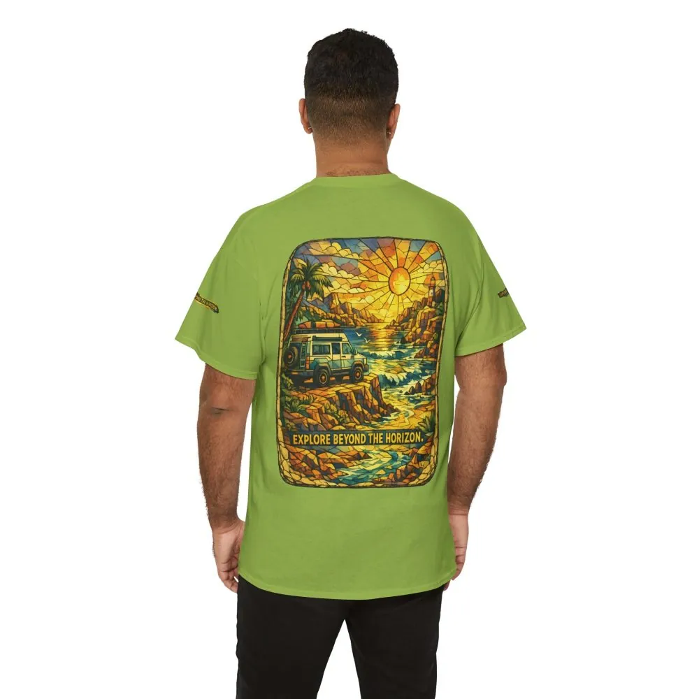 Unisex Heavy Cotton Tee — "Explore Beyond The Horizon" Design Cubic-Line