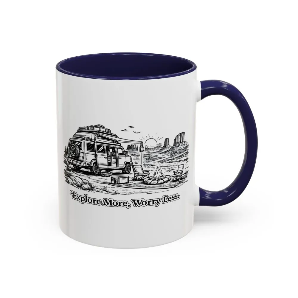 Accent Coffee Mug (11, 15oz) — "Explore More Worry Less" Design Minimal-Line