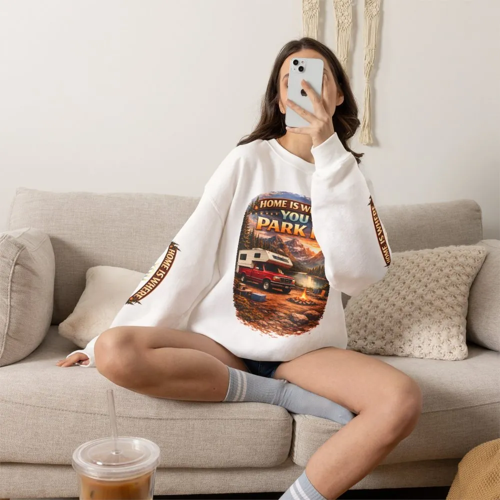 Unisex Heavy Blend™ Crewneck Sweatshirt — "Home Is Where You Park It" Design Scenic-Line