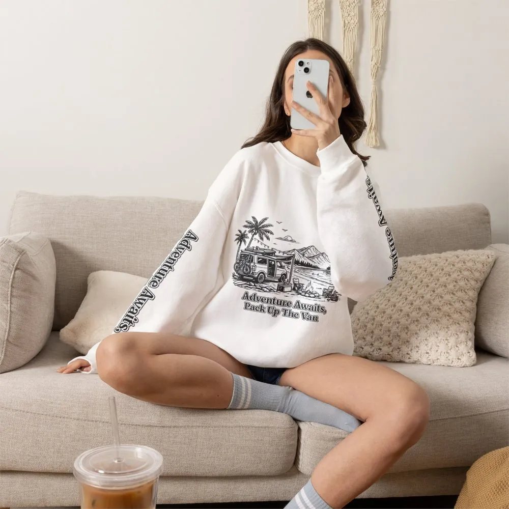 Unisex Heavy Blend™ Crewneck Sweatshirt — "Adventure Awaits,Pack Up The Van" Design Minimal-Line