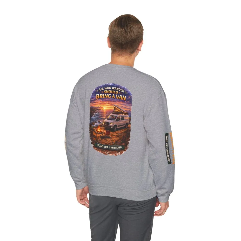 17647142068546429921_2048.jpeg Unisex Heavy Blend™ Crewneck Sweatshirt — "All Who wander Should Bring A Van" Design Scenic-Line