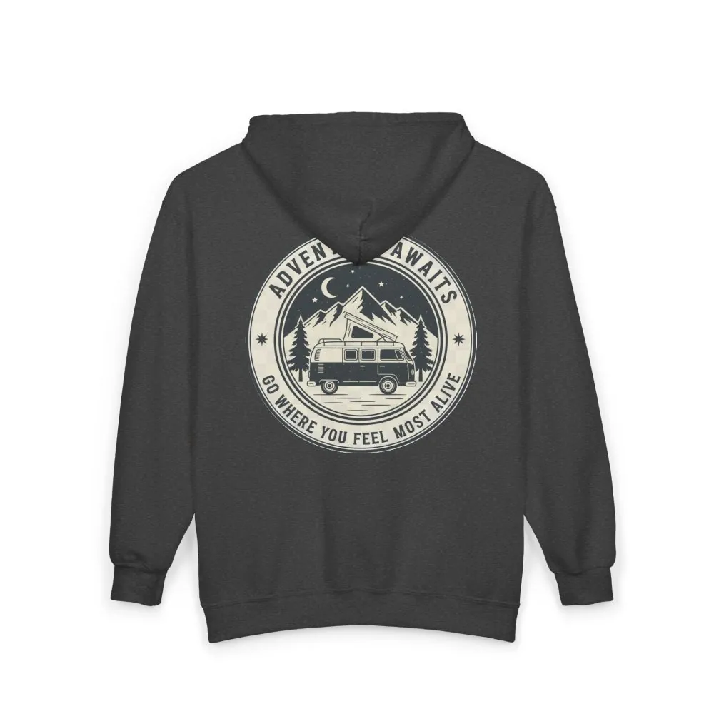 17647909607103563317_2048.jpeg Zip Hoodie — "Adventure Awaits-Go Where You Feel Most Alive" (Only Back Printed) Camper Van Adventure Zip-Up