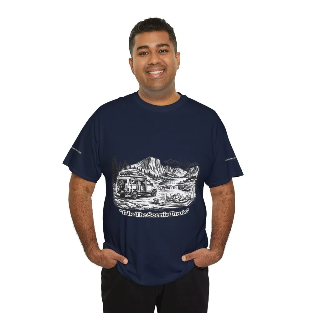 Unisex Heavy Cotton Tee — "Take The Scenic Route" Design Minimal-Line