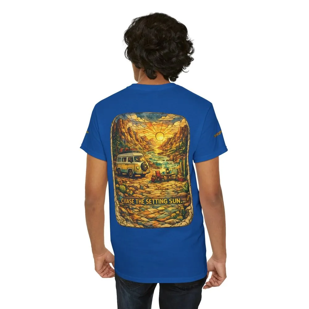Unisex Heavy Cotton Tee — "Chase The Settings Sun" Design Cubic-Line