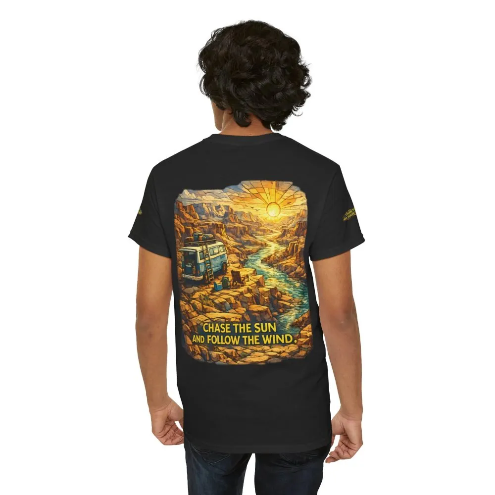 Unisex Heavy Cotton Tee — "Chase The Sun And Follow The Wind" Design Cubic-Line