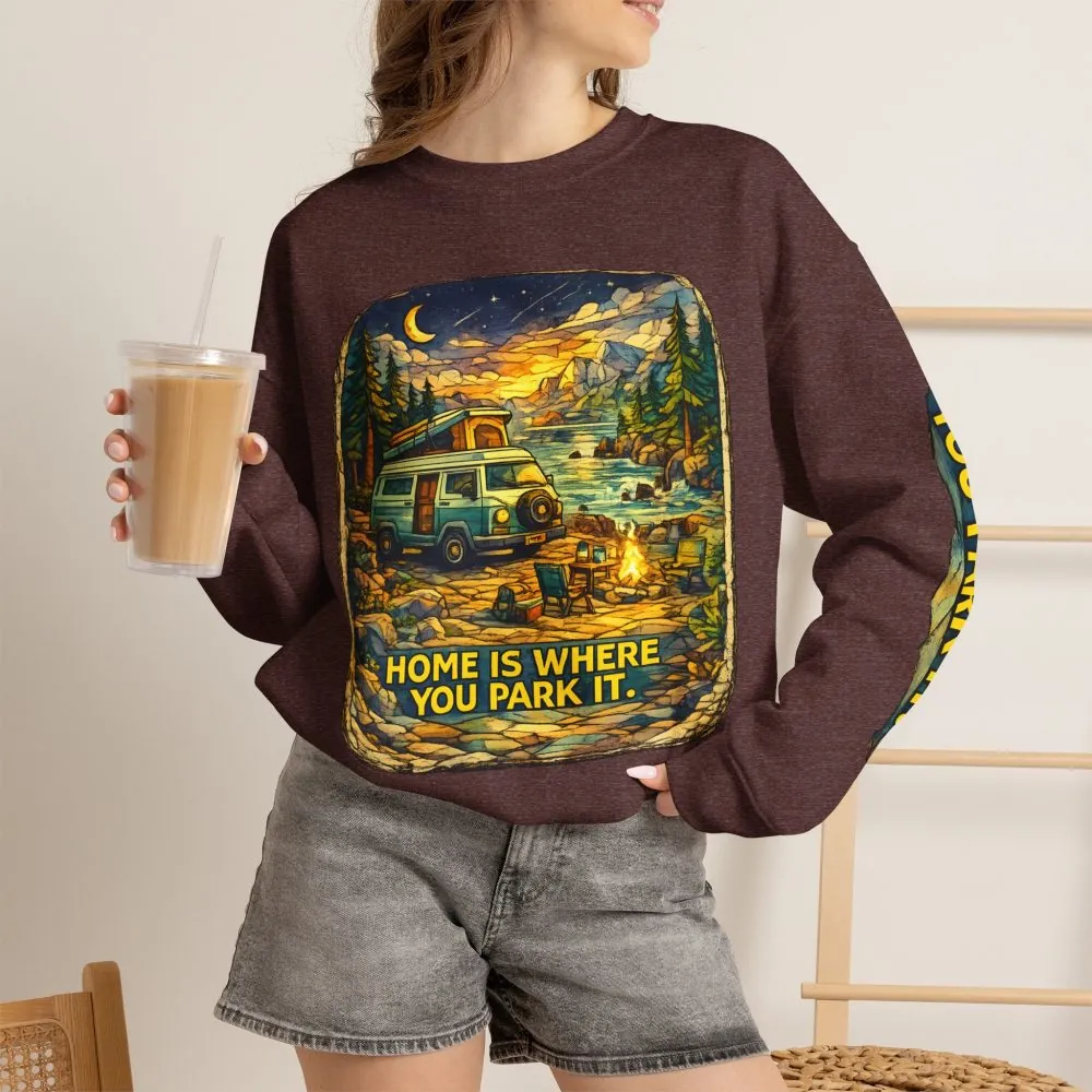 Unisex Heavy Blend™ Crewneck Sweatshirt — "Home Is Where You Park It" Design Cubic-Line