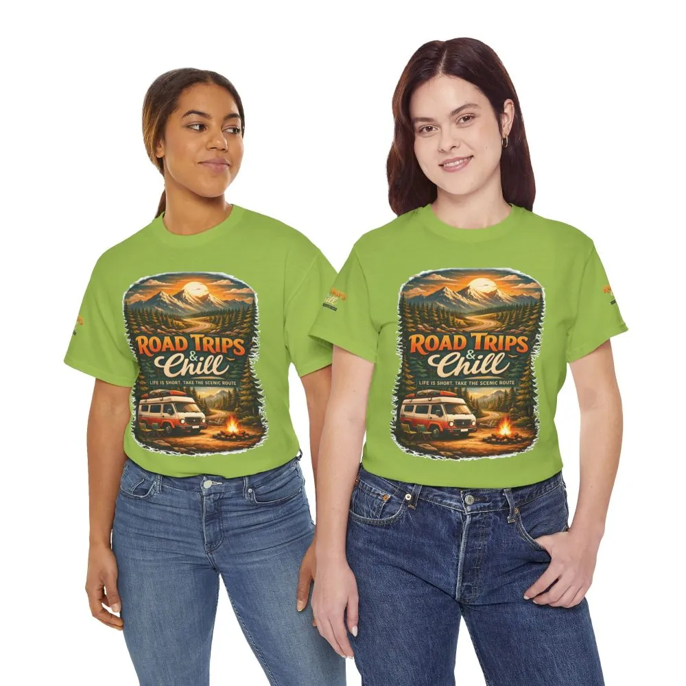 Unisex Heavy Cotton Tee — "Road Trips & Chill" Design Scenic-Line