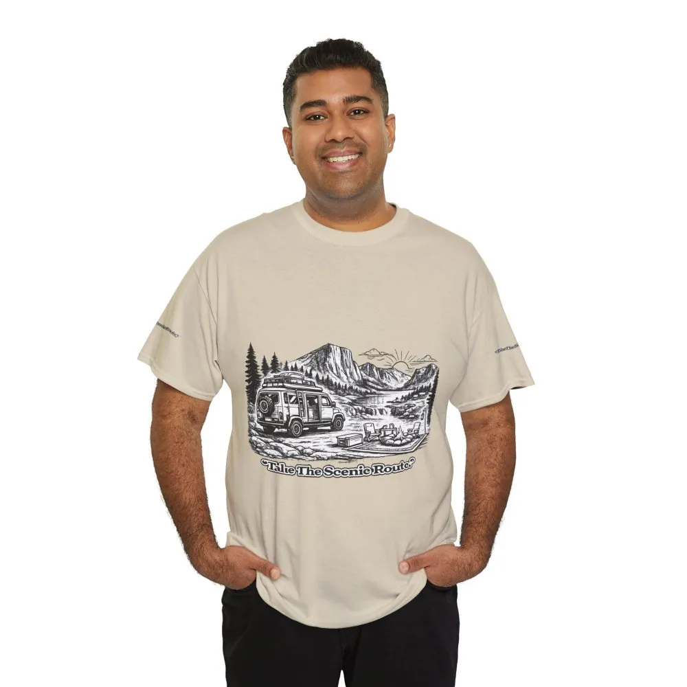 Unisex Heavy Cotton Tee — "Take The Scenic Route" Design Minimal-Line