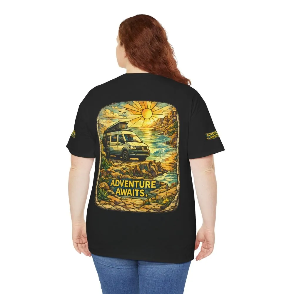 Unisex Heavy Cotton Tee — "Adventure Awaits" Design Cubic-Line