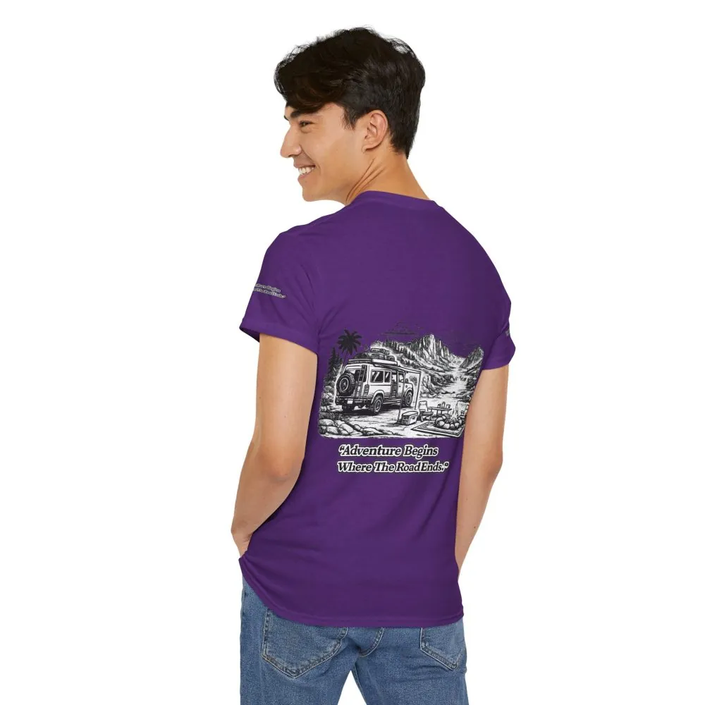 Unisex Heavy Cotton Tee — "Adventure Begins Where The Road Ends" Design Minimal-Line