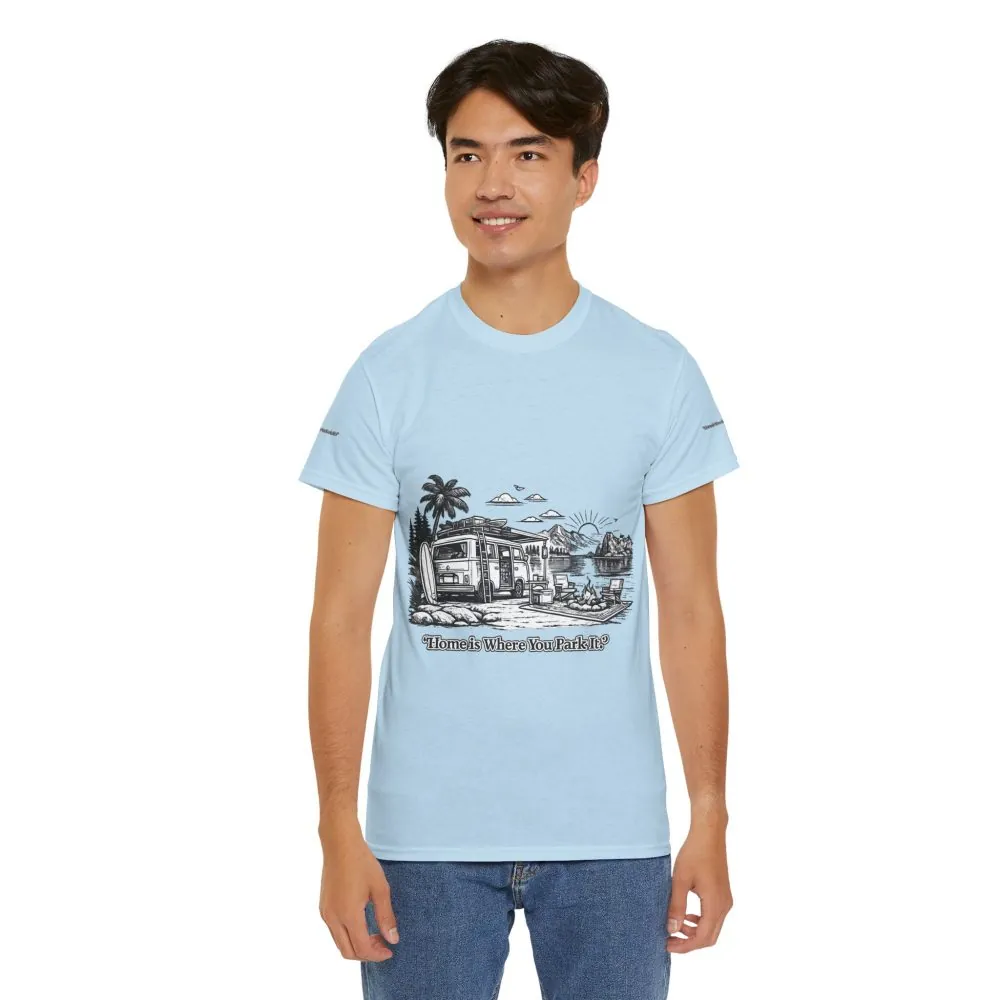 Unisex Heavy Cotton Tee — "Home Is Where You Park It" Design Minimal-Line