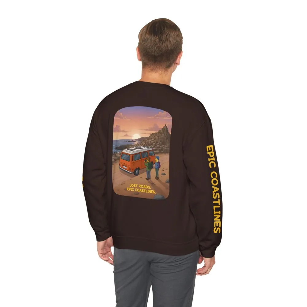 Unisex Heavy Blend™ Crewneck Sweatshirt — "Lost Roads Epic Coastlines" Design Sitcom-Line