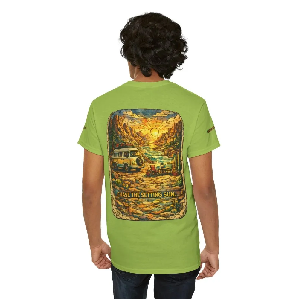 Unisex Heavy Cotton Tee — "Chase The Settings Sun" Design Cubic-Line