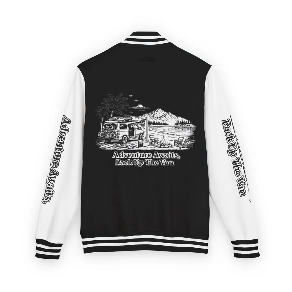 Unisex Heavyweight Letterman Jacket — "Adventure Awaits,Pack Up The Van" Travel Varsity Coat