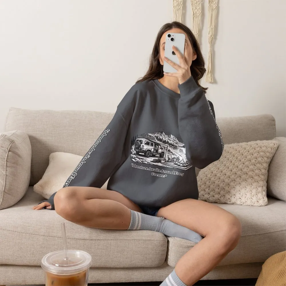 17790432366621630858_2048.jpeg Unisex Heavy Blend™ Crewneck Sweatshirt — "Adventure Awaits Around Every Corner" Design Minimal-Line
