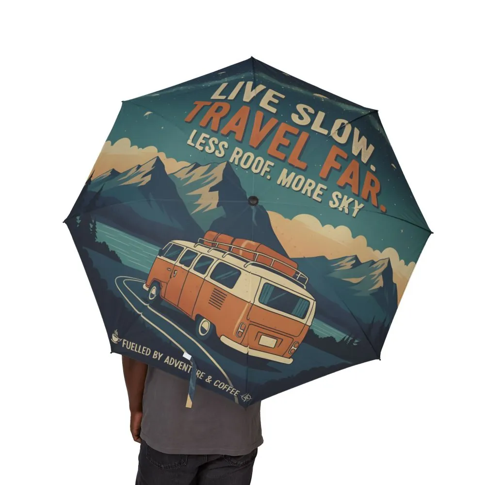 Semi-Automatic Foldable Umbrella — "Live Slow Travel Far-Less Roof More Sky" Vintage Adventure Print