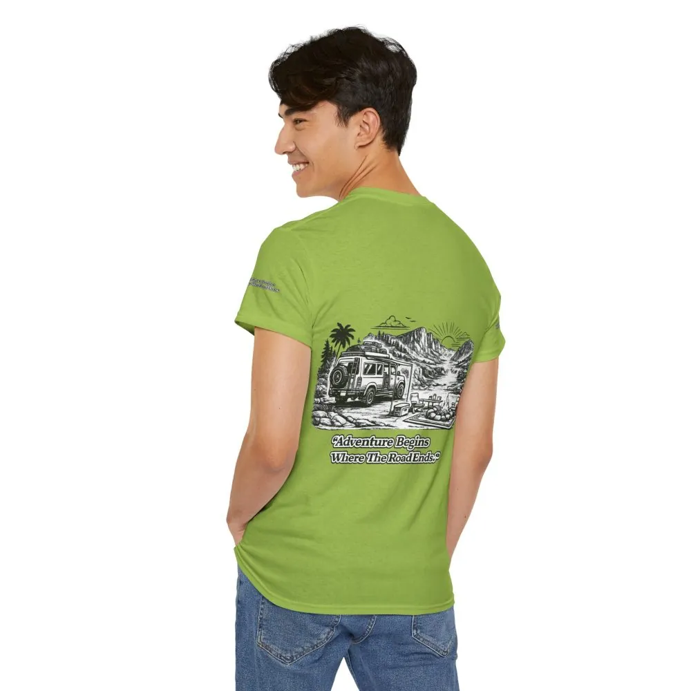 Unisex Heavy Cotton Tee — "Adventure Begins Where The Road Ends" Design Minimal-Line