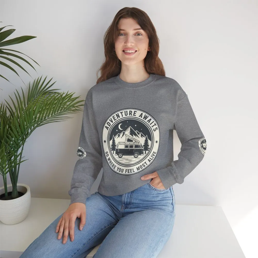 Crewneck Sweatshirt — "Adventure Awaits-Go Where You Feel Most Alive" (Font + Back + Sleaves printed) Vintage Camper Van Outdoor Graphic