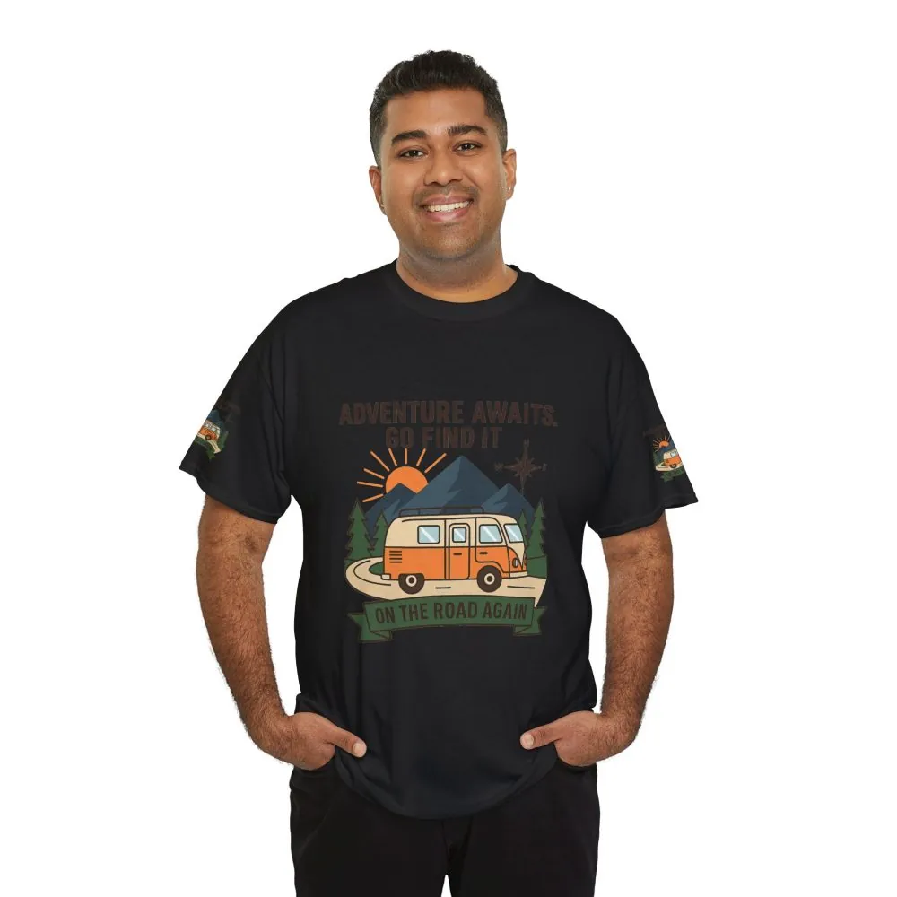 Unisex Heavy Cotton Tee — 'Adventure Awaits. Go Find It' Camper Van T‑Shirt