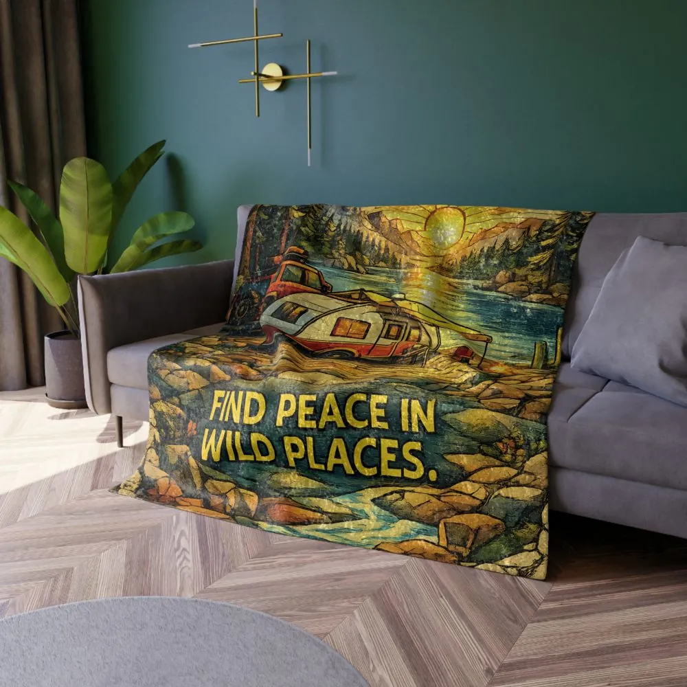 Crushed Velvet Blanket —"Find Peace In Wild Places" Design Cubic-Line (Campervan)