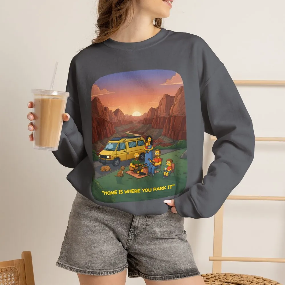 Unisex Heavy Blend™ Crewneck Sweatshirt — "Home Is Where You Park It" Design Sitcom-Line
