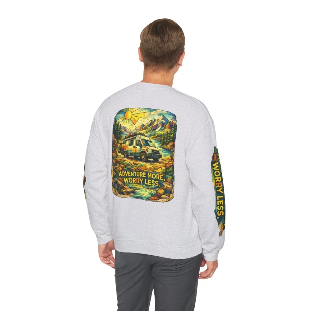 Unisex Heavy Blend™ Crewneck Sweatshirt — "Adventure More Worry Less" Design Cubic-Line