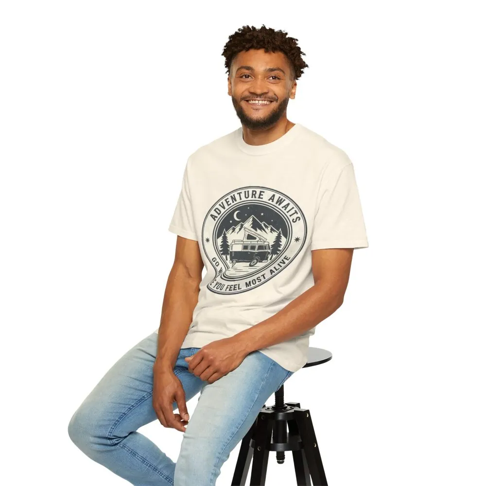 T-Shirt — "Adventure Awaits-Go Where You Feel Most Alive" (Only Front Printed) Outdoor Travel Tee