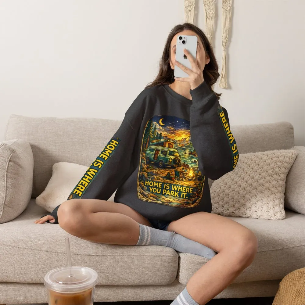 Unisex Heavy Blend™ Crewneck Sweatshirt — "Home Is Where You Park It" Design Cubic-Line