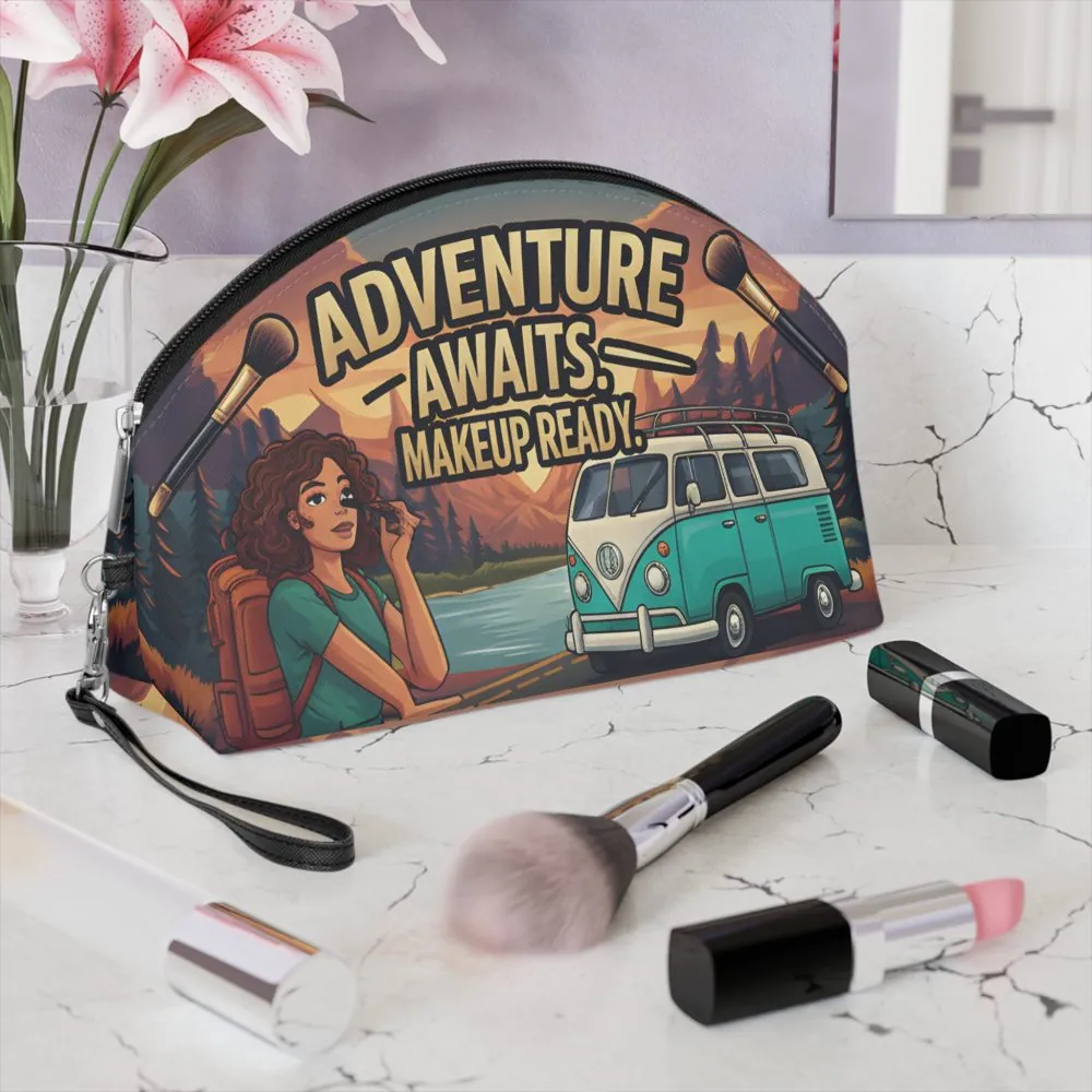 Makeup Bag — "Adventure Awaits-Makeup Ready" campervan quoted