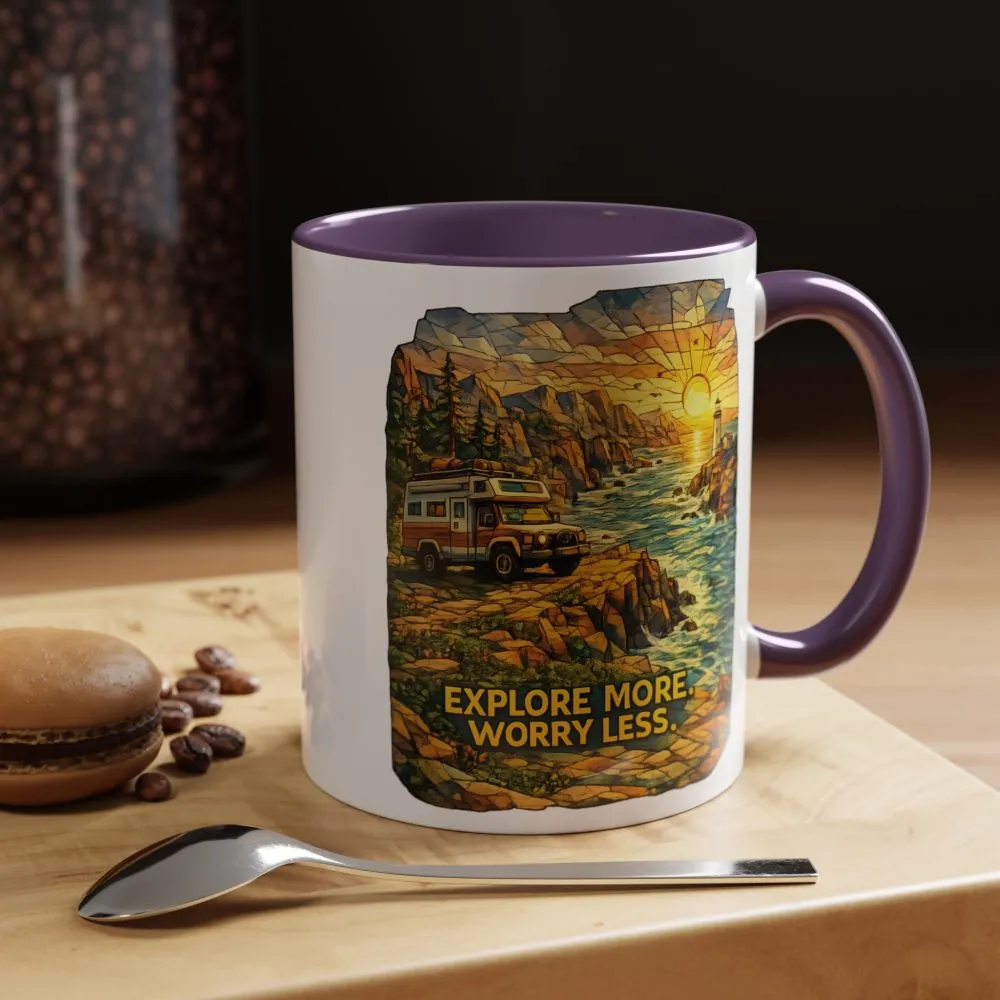 Accent Coffee Mug (11, 15oz) — "Explore More Worry Less" Design Cubic-Line