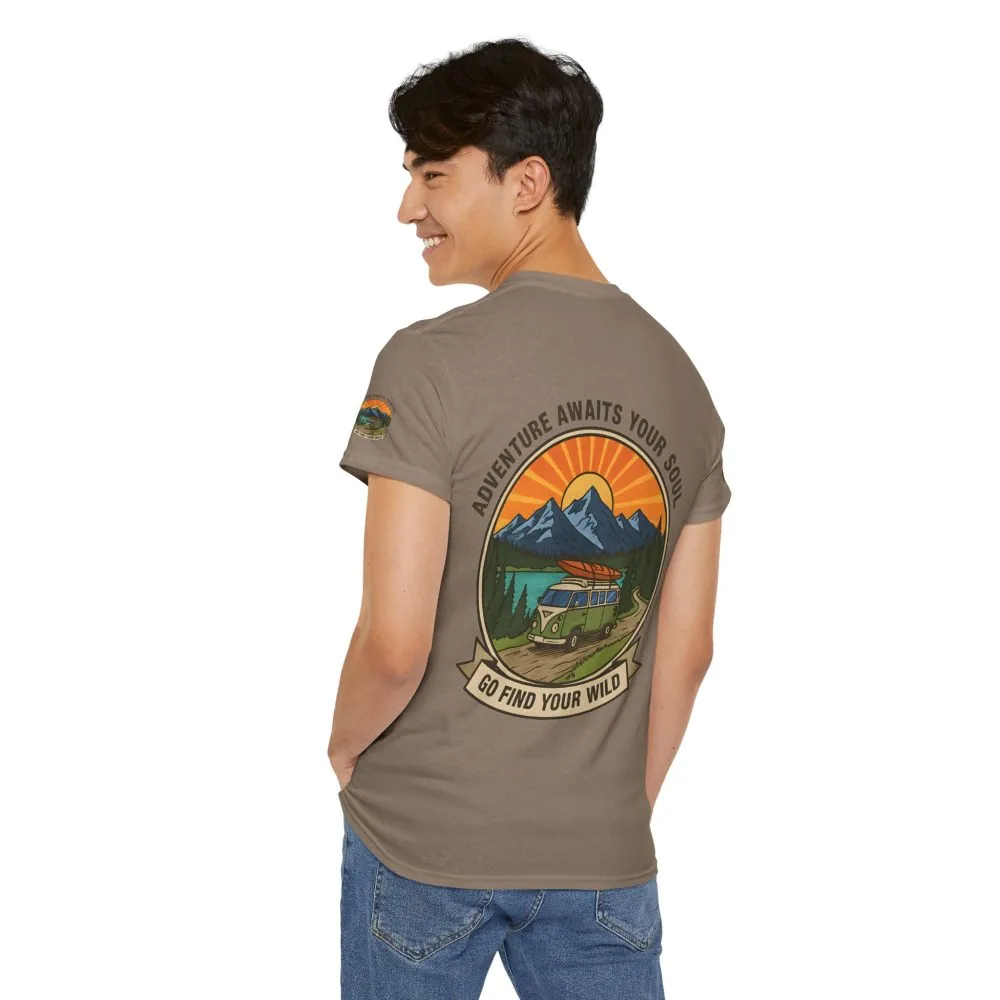 Unisex Heavy Cotton Tee — “Adventure Awaits Your Soul: Go Find Your Wild” Van & Mountain Graphic