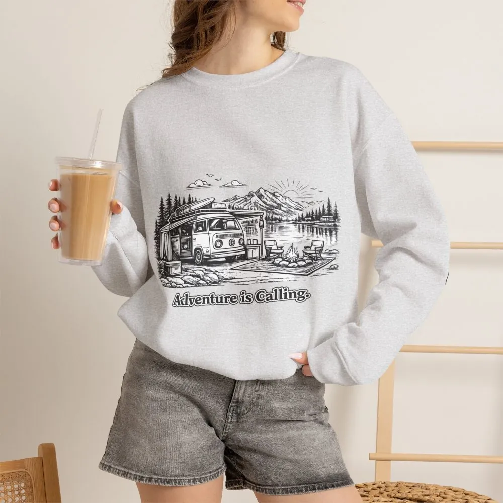 Unisex Heavy Blend™ Crewneck Sweatshirt — "Adventure Is Calling" Design Minimal-Line