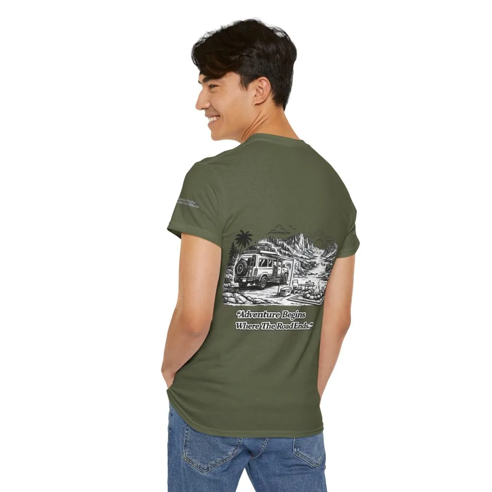 Unisex Heavy Cotton Tee — "Adventure Begins Where The Road Ends" Design Minimal-Line