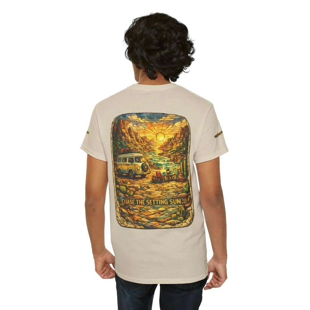 Unisex Heavy Cotton Tee — "Chase The Settings Sun" Design Cubic-Line