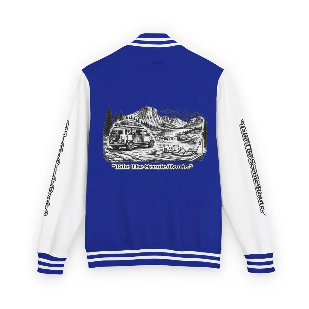 Unisex Heavyweight Letterman Jacket — "Take The Scenic Route" Travel Varsity Coat