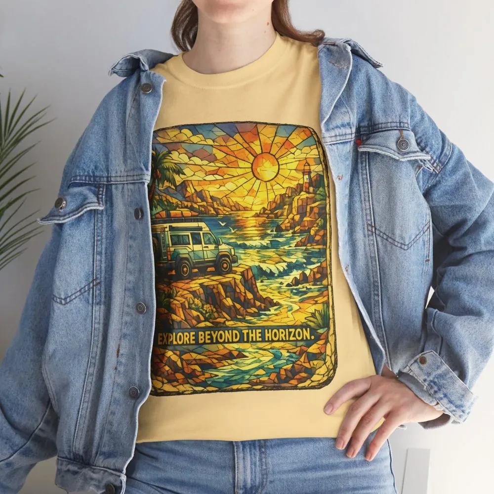 Unisex Heavy Cotton Tee — "Explore Beyond The Horizon" Design Cubic-Line