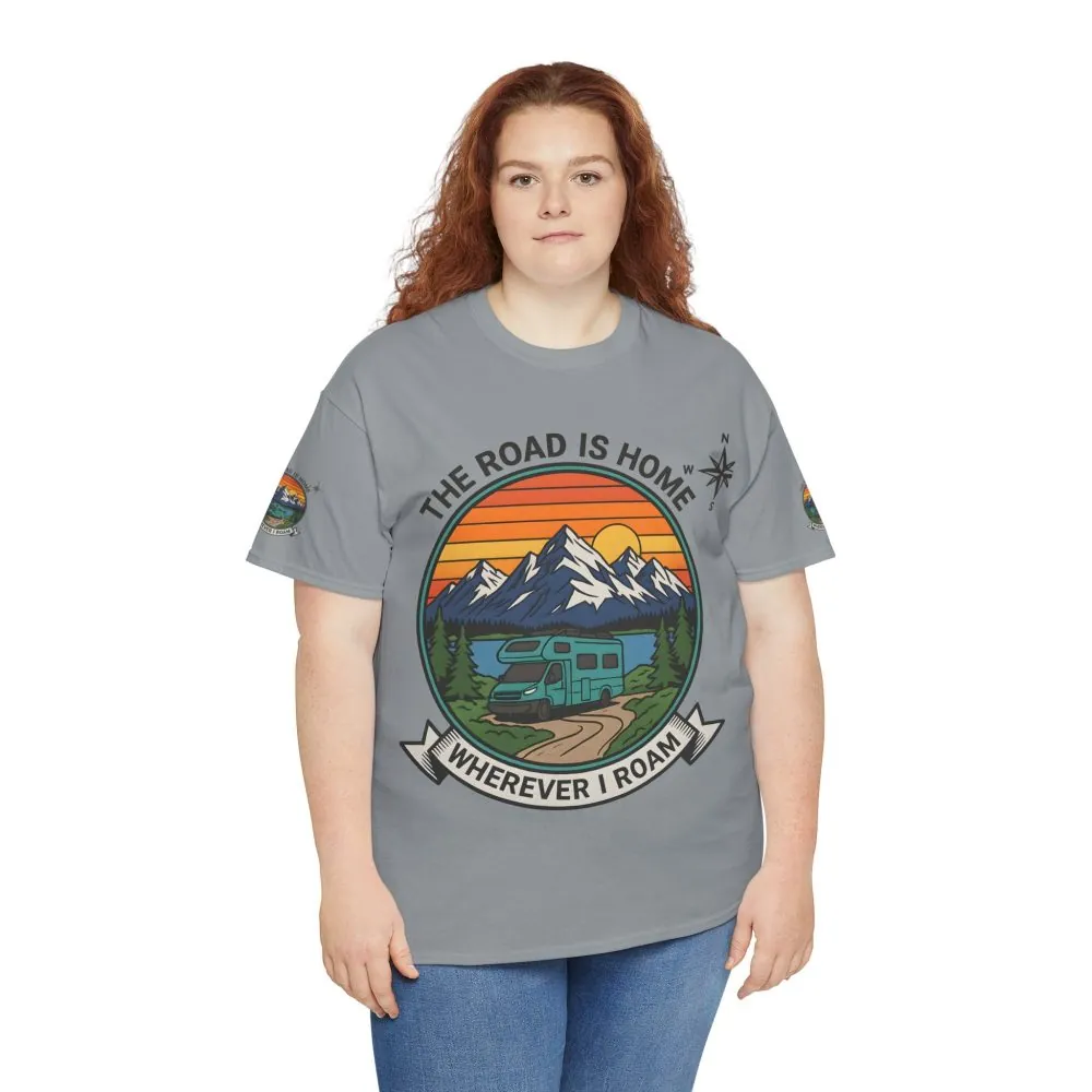 Unisex Heavy Cotton Tee  — 'The Road Is Home, Wherever I Roam' Retro Camper Tee