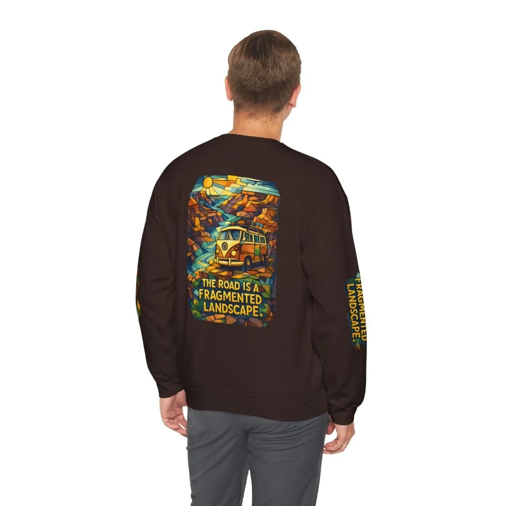 Unisex Heavy Blend™ Crewneck Sweatshirt — "The Road Is A Fragmented Landscape" Design Cubic-Line
