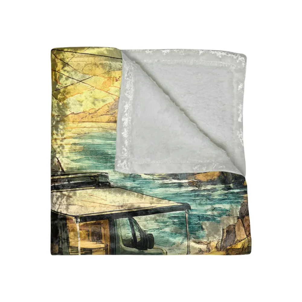 Crushed Velvet Blanket —"Discover The Great Outdoors" Design Cubic-Line (Campervan)