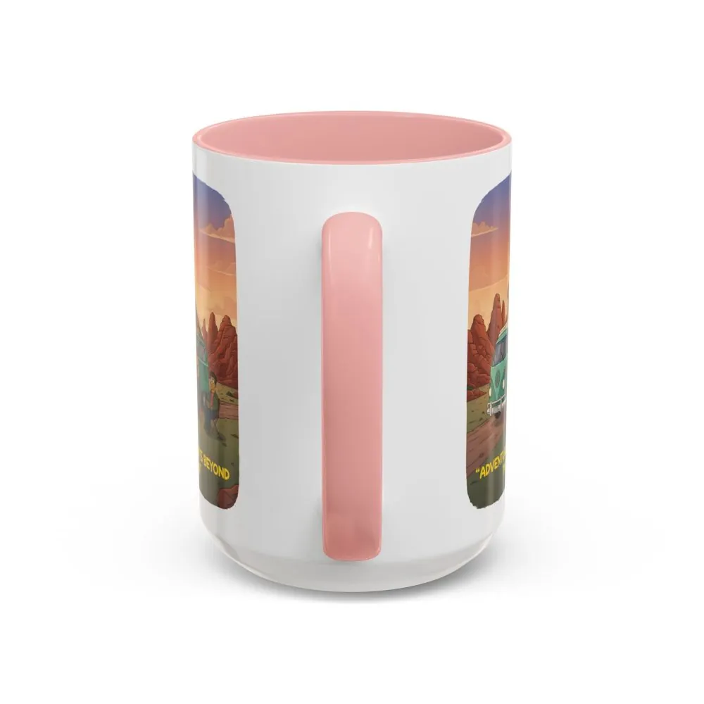 Accent Coffee Mug (11, 15oz) — "Adventure Awaits Beyond The Road" Design Sitcom-Line