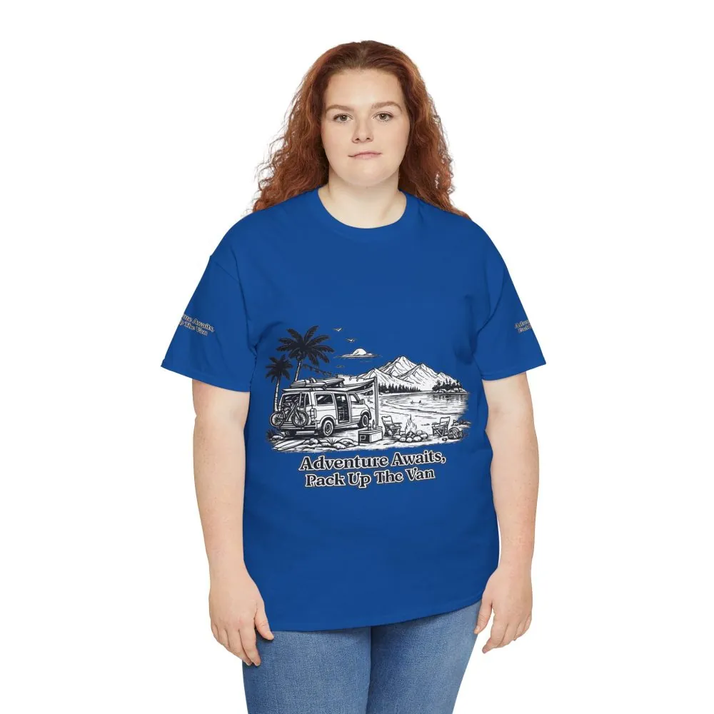 Unisex Heavy Cotton Tee — "Adventure Awaits,Pack Up The Van" Design Minimal-Line