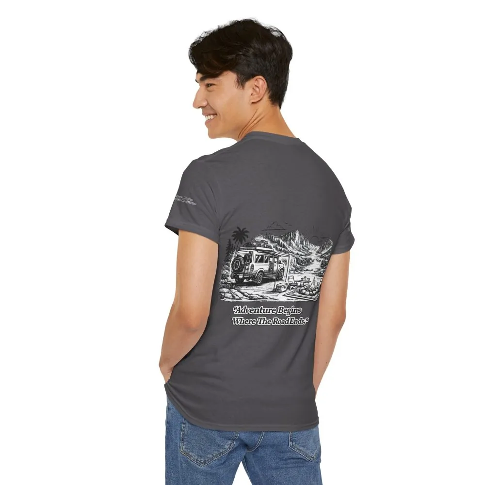 Unisex Heavy Cotton Tee — "Adventure Begins Where The Road Ends" Design Minimal-Line